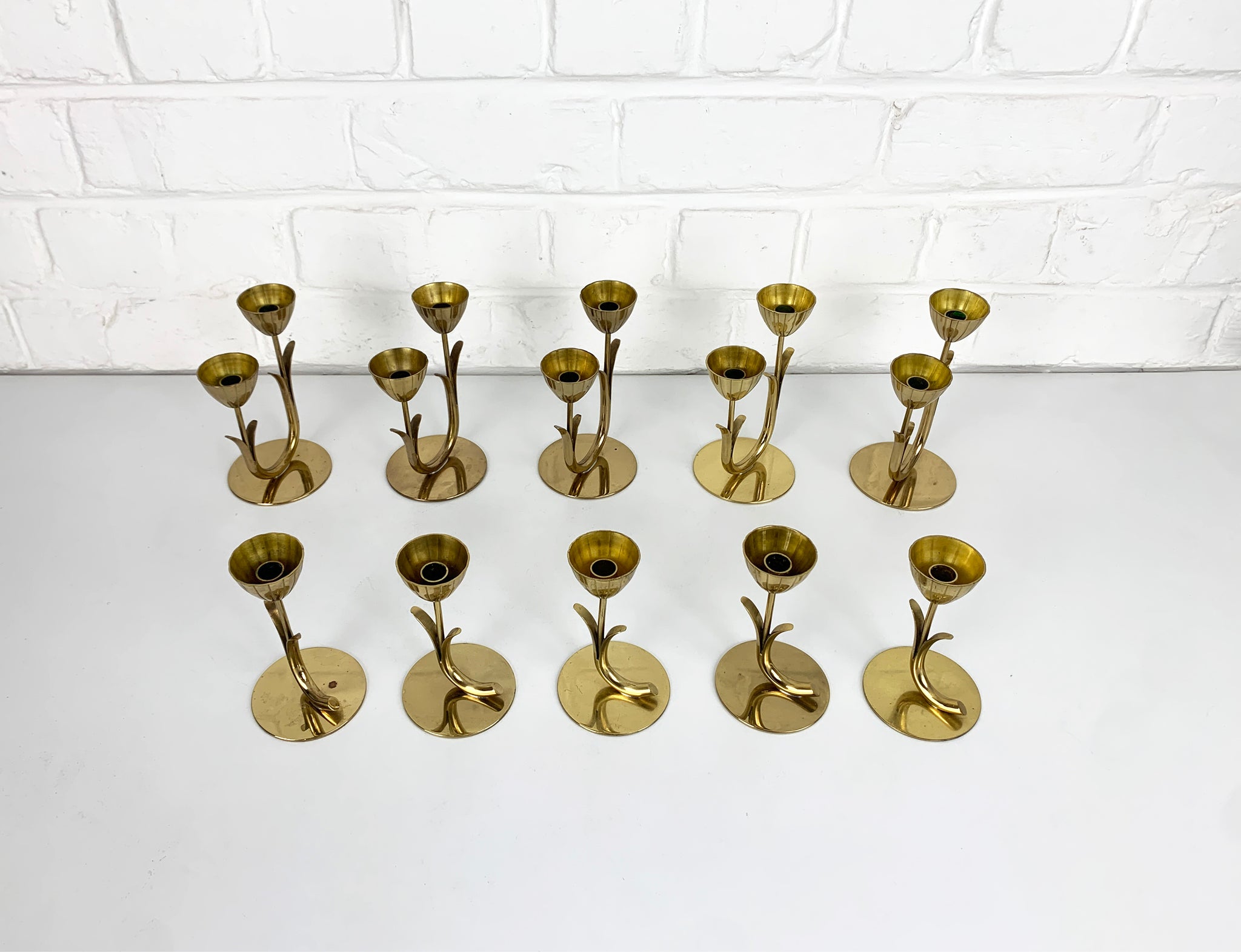 Set of 10 Brass Scandinavian Candlesticks by Gunnar Ander, Ystad Metall Sweden 1950