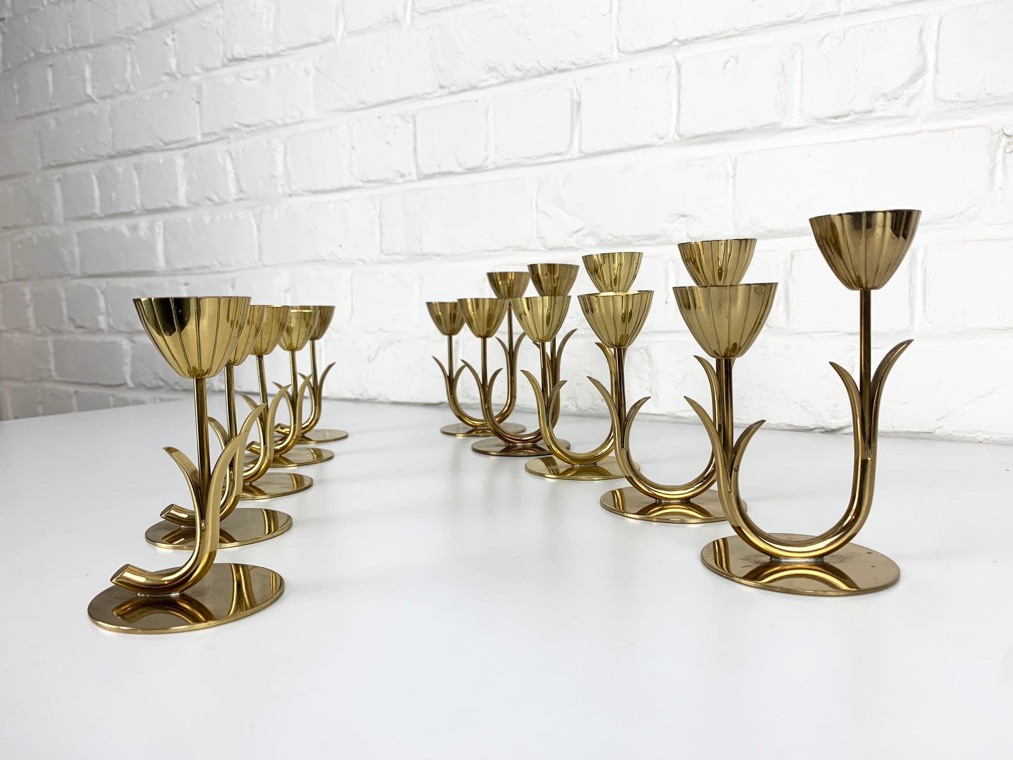 Set of 10 Brass Scandinavian Candlesticks by Gunnar Ander, Ystad Metall Sweden 1950