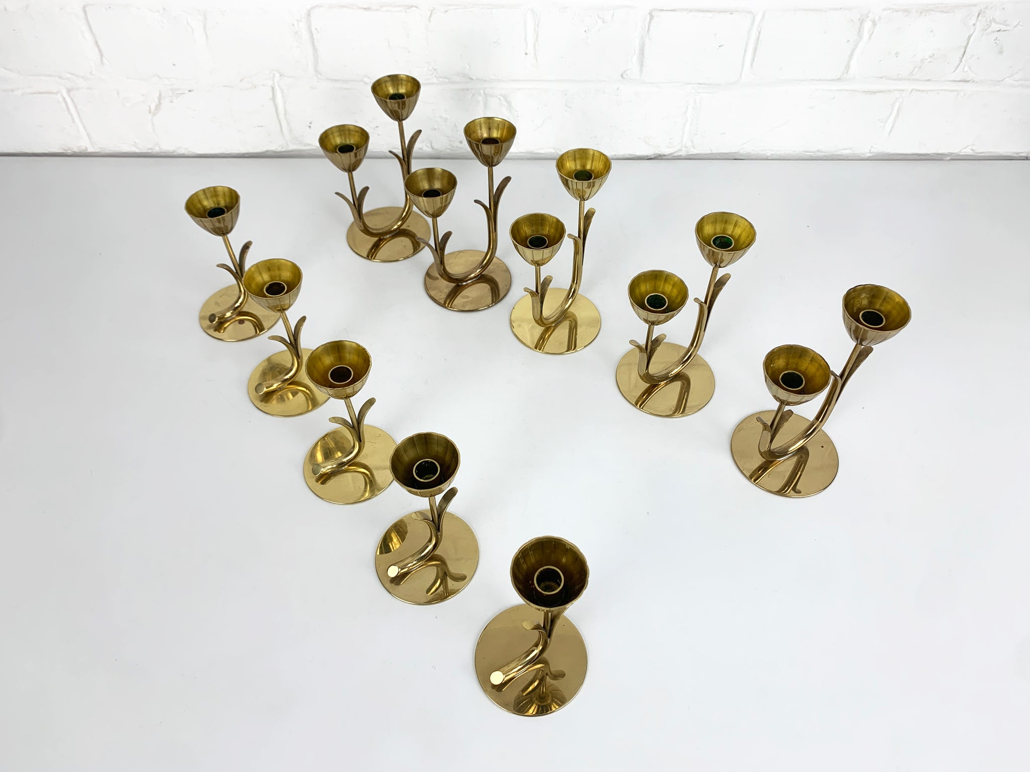 Set of 10 Brass Scandinavian Candlesticks by Gunnar Ander, Ystad Metall Sweden 1950