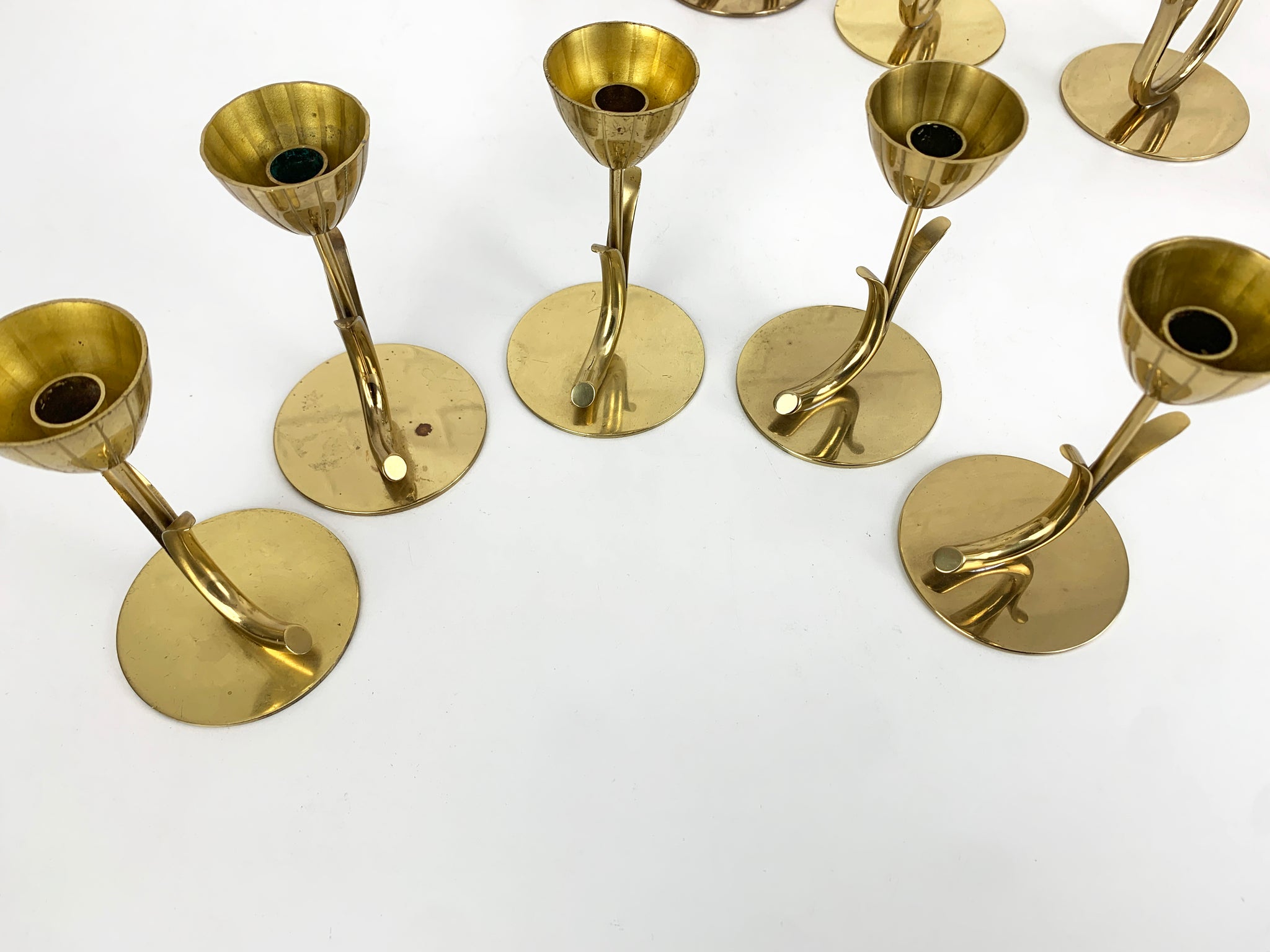Set of 10 Brass Scandinavian Candlesticks by Gunnar Ander, Ystad Metall Sweden 1950