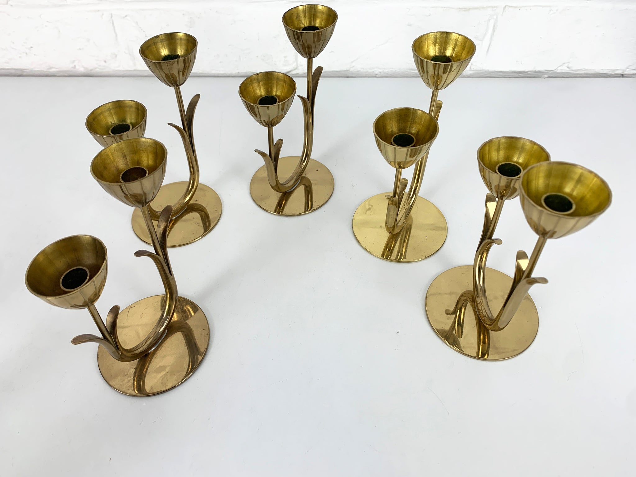 Set of 10 Brass Scandinavian Candlesticks by Gunnar Ander, Ystad Metall Sweden 1950