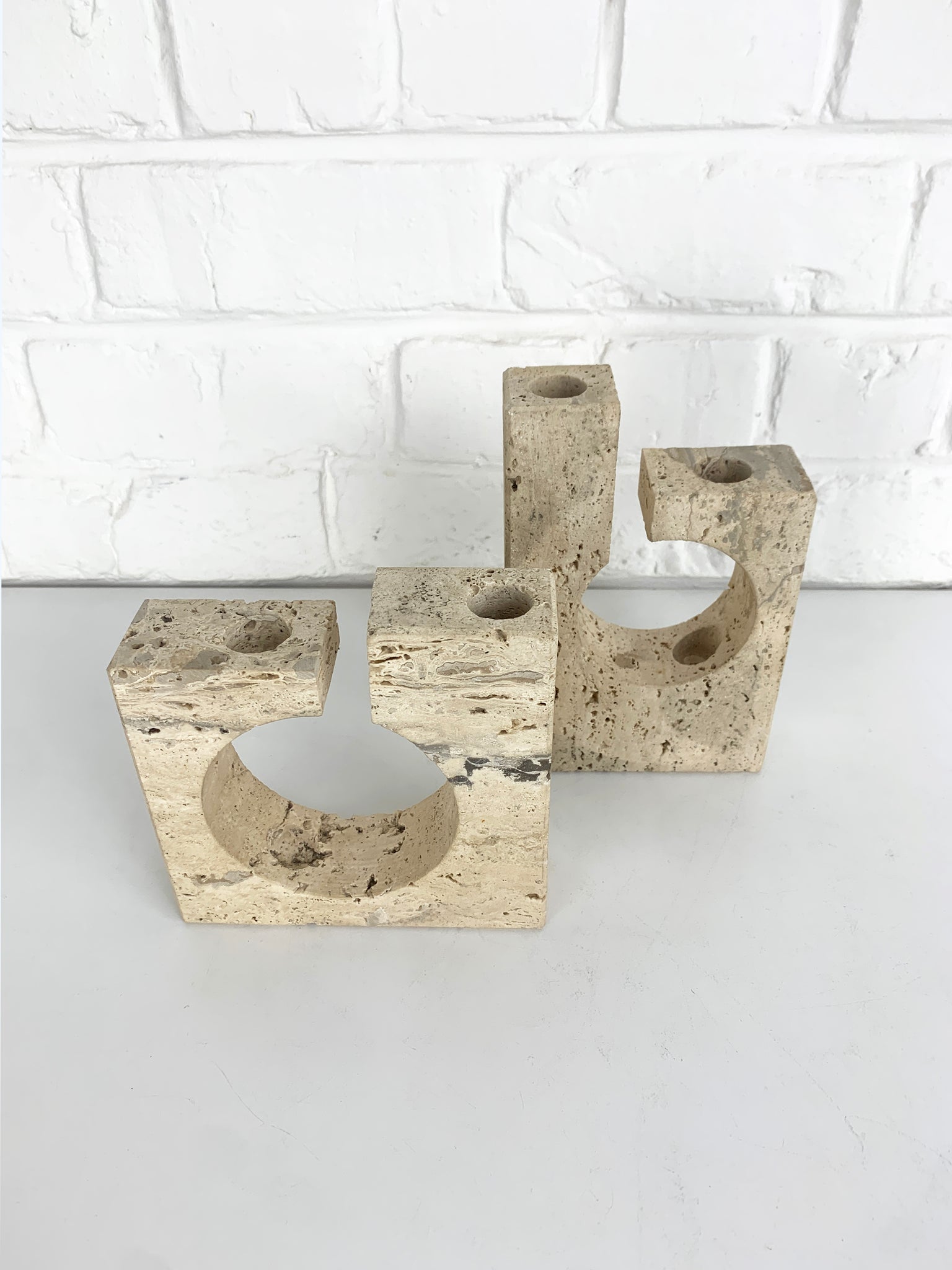 Pair Fratelli Mannelli brutalist candle holders in Travertine, 1970s