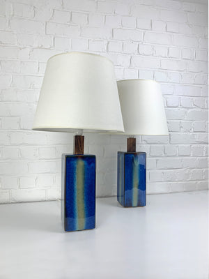 Pair Danish Soholm Stentoj blue ceramic & teak table lamps Denmark, 1960-70