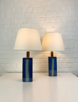 Pair Danish Soholm Stentoj blue ceramic & teak table lamps Denmark, 1960-70