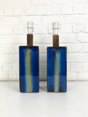 Pair Danish Soholm Stentoj blue ceramic & teak table lamps Denmark, 1960-70