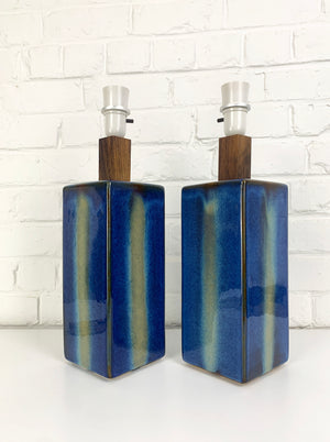 Pair Danish Soholm Stentoj blue ceramic & teak table lamps Denmark, 1960-70