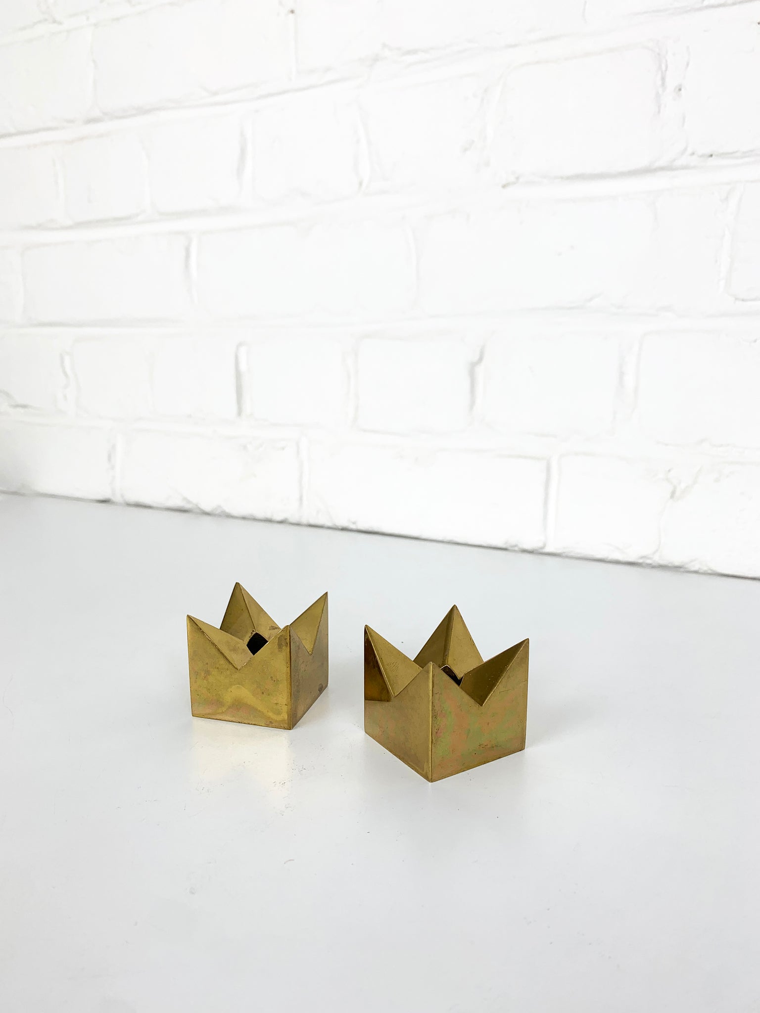 Pair Candleholders 'Crown' in Brass Design Pierre Forsell for Skultuna Sweden 1960s