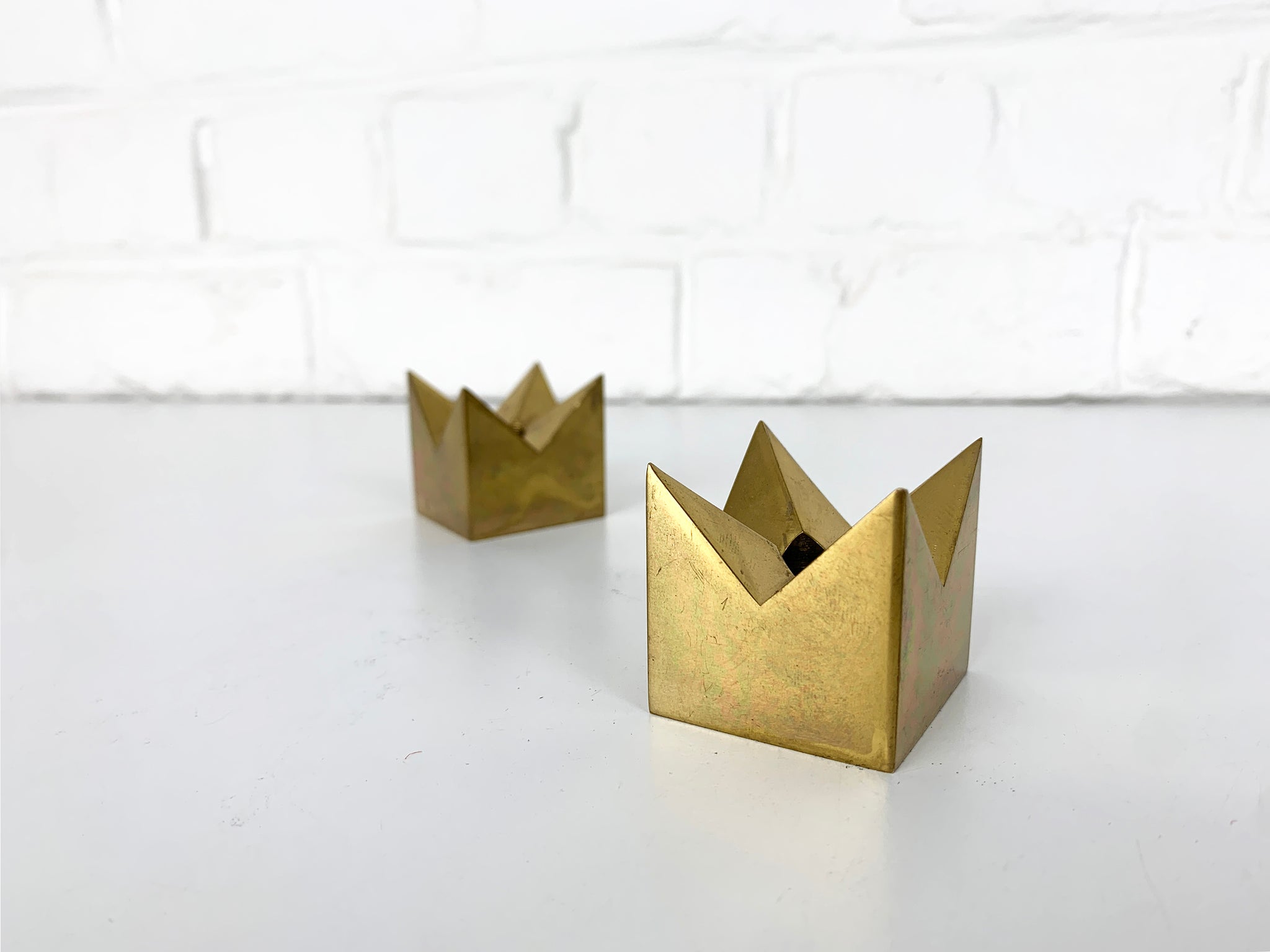 Pair Candleholders 'Crown' in Brass Design Pierre Forsell for Skultuna Sweden 1960s