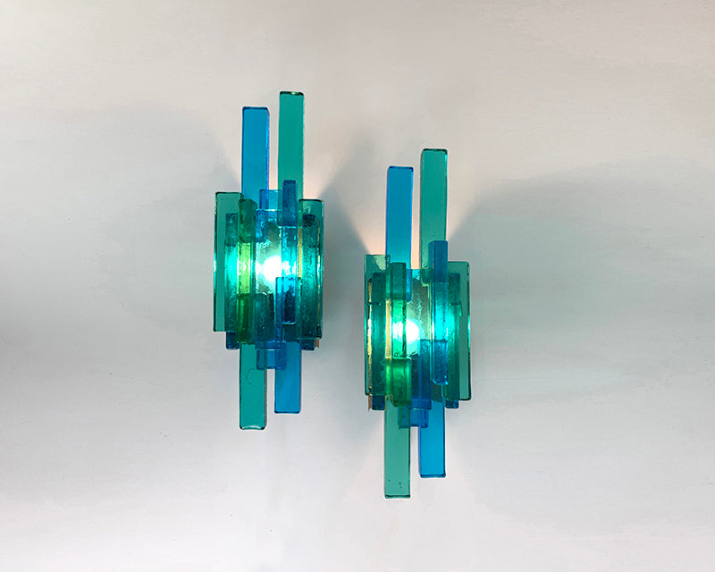 Pair of Blue Glass Wall Sconces by Svend Aage Holm-Sorensen, Denmark, 1960s