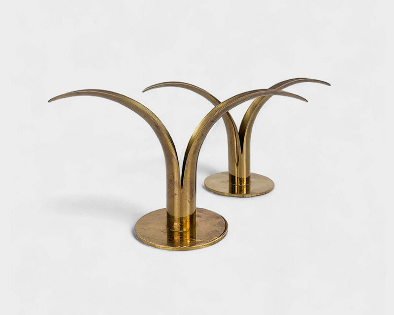 Pair Art Deco Lily Candlesticks in Brass by Ivar Ålenius Björk, Ystad-Metall Sweden