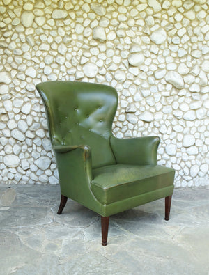 Wingback Easy Chair with Provenance in Green Leather by Frits Henningsen, Denmark, 1950s