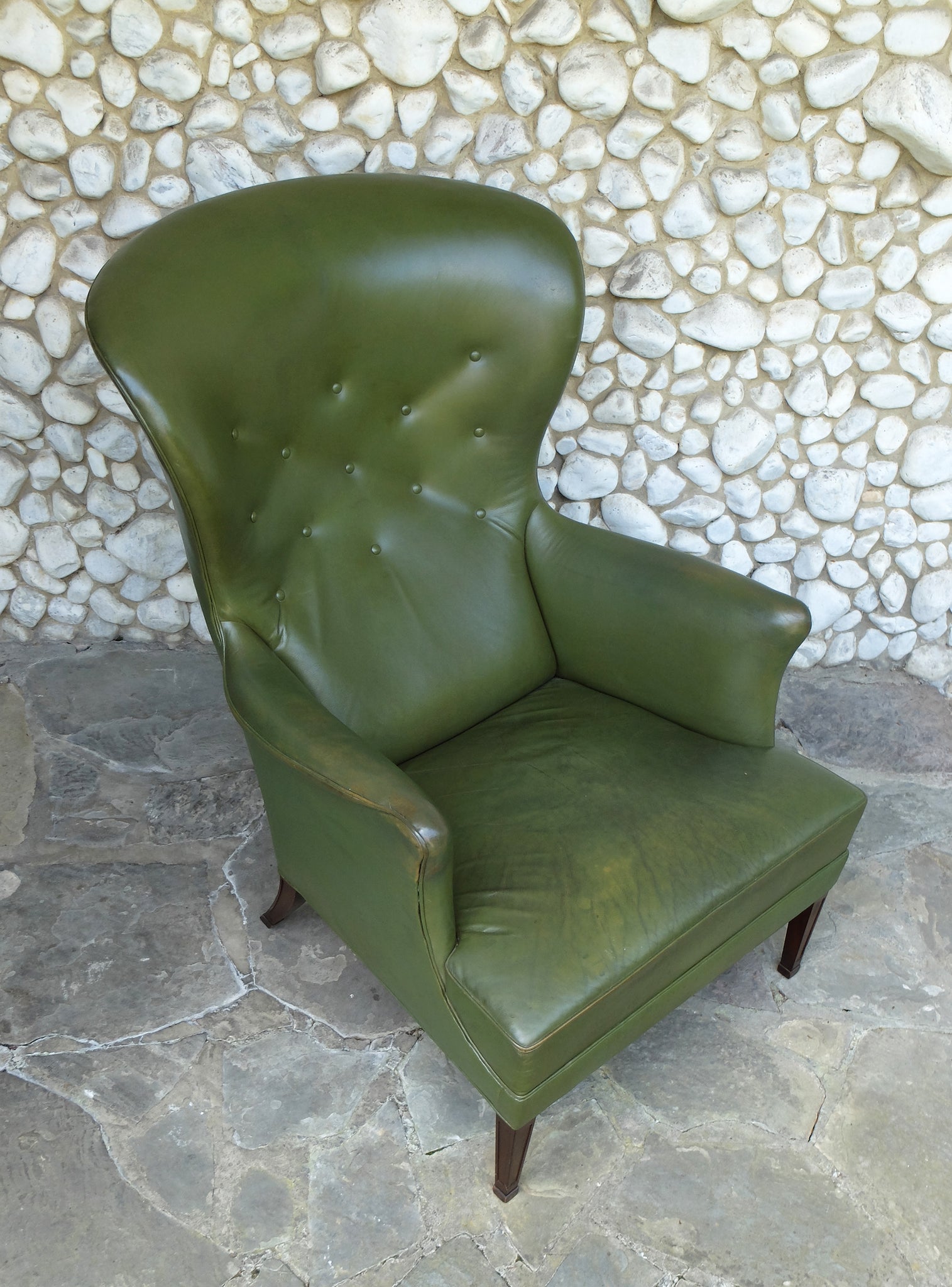Wingback Easy Chair with Provenance in Green Leather by Frits Henningsen, Denmark, 1950s