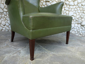 Wingback Easy Chair with Provenance in Green Leather by Frits Henningsen, Denmark, 1950s