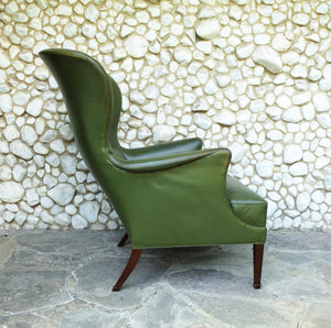 Wingback Easy Chair with Provenance in Green Leather by Frits Henningsen, Denmark, 1950s