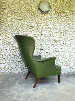 Wingback Easy Chair with Provenance in Green Leather by Frits Henningsen, Denmark, 1950s