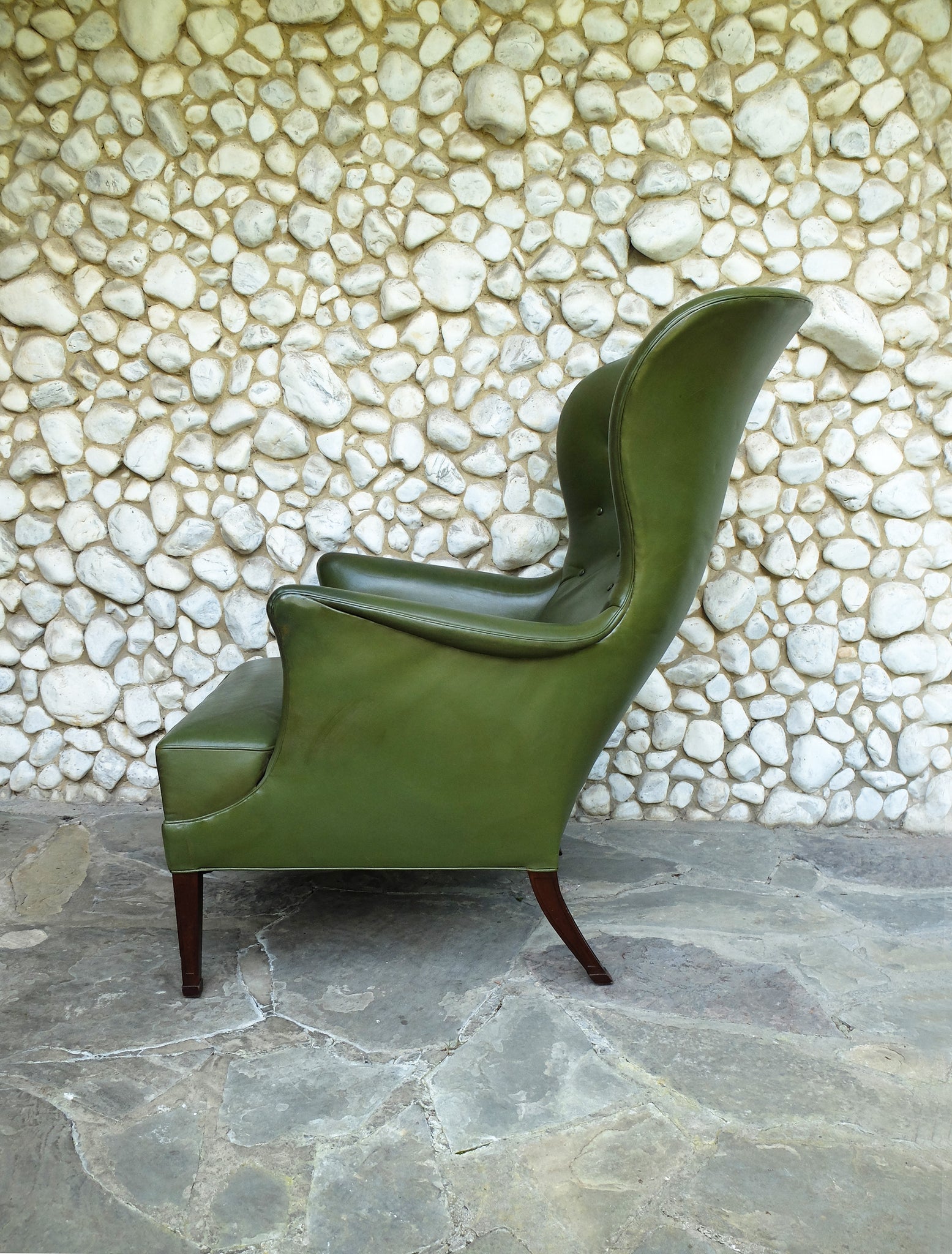 Wingback Easy Chair with Provenance in Green Leather by Frits Henningsen, Denmark, 1950s