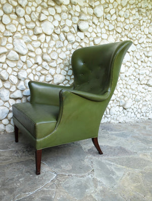 Wingback Easy Chair with Provenance in Green Leather by Frits Henningsen, Denmark, 1950s