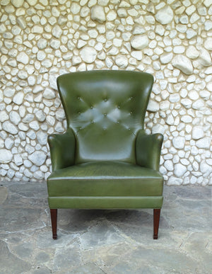 Wingback Easy Chair with Provenance in Green Leather by Frits Henningsen, Denmark, 1950s